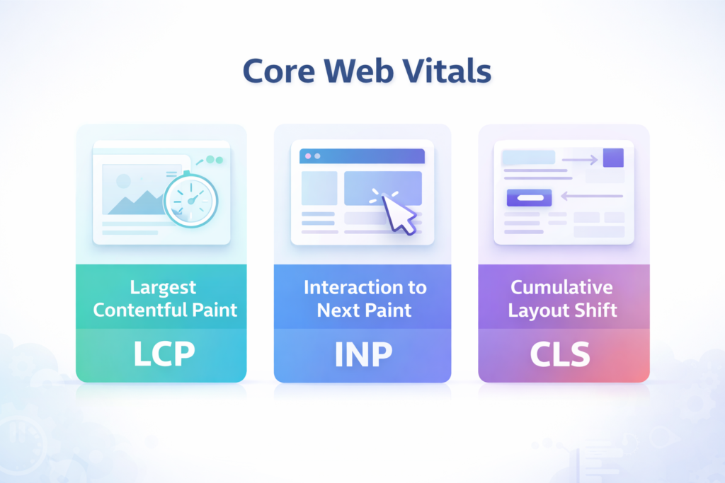 Core Web Vitals explained - LCP, INP, and CLS metrics for page speed SEO